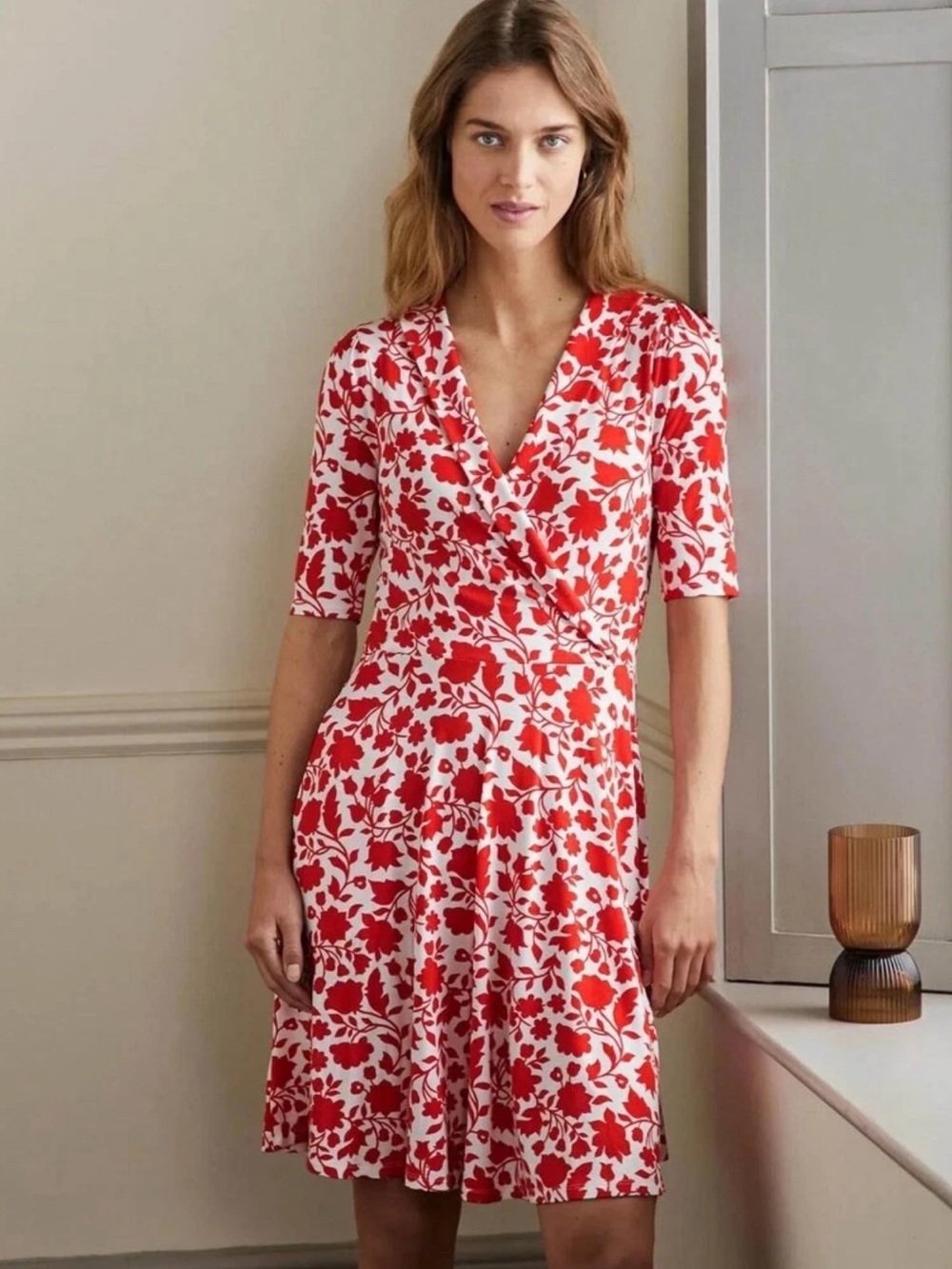 Boden Red and White Floral Faux-Wrap Midi Dress